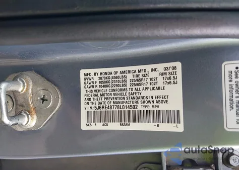 2008 Honda Cr-V Ex-L из США, поврежденный, VIN 5J6RE48778L014502